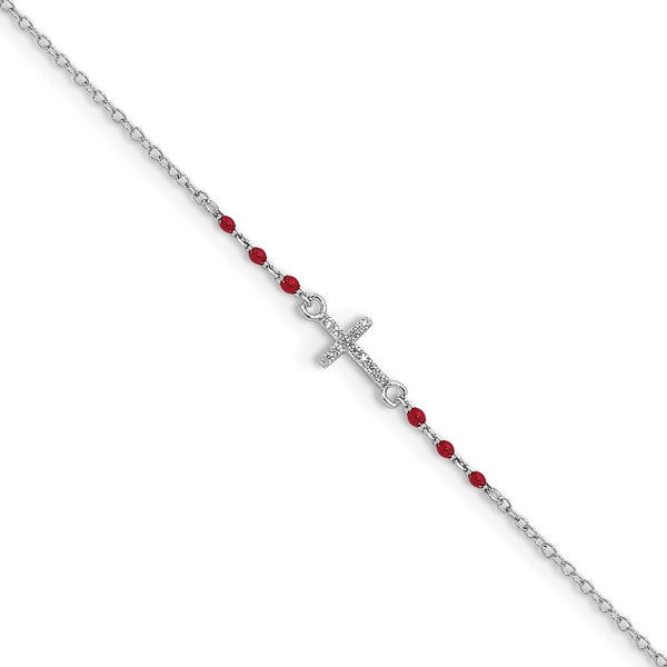 Sterling Silver Rhodium-plated Polished CZ Red Enamel Bead Cross Anklet-WBC-QG5755-10