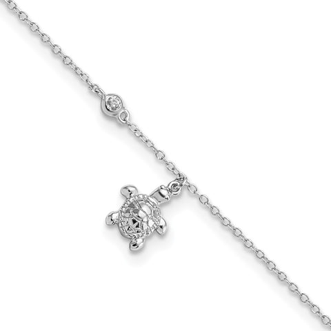 Sterling Silver Rhodium-plated Polished CZ Turtle 9in Plus 1 in Ext. Anklet-WBC-QG5756-9