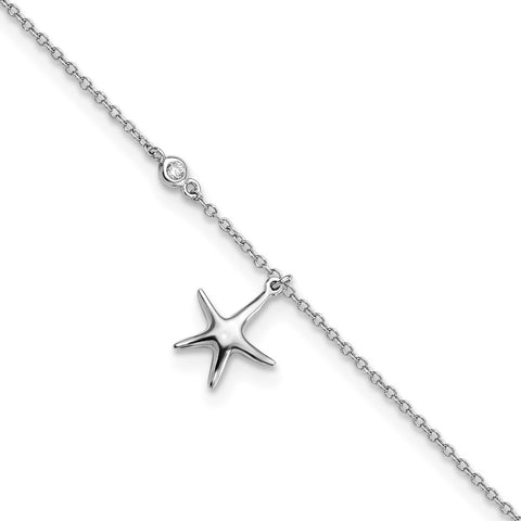 Sterling Silver Rhod-plated Polished CZ Starfish 9in Plus 1 in Ext  Anklet-WBC-QG5760-9