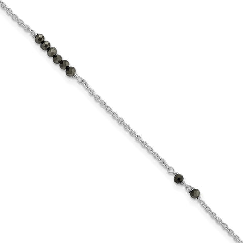 Sterling Silver Black CZ Beads 9in Plus 1 in Ext. Anklet-WBC-QG5765-9