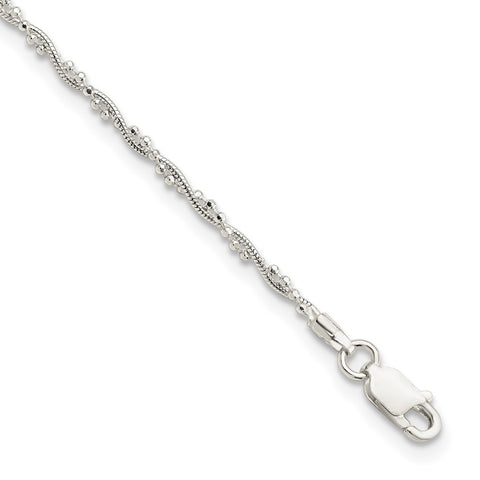 Sterling Silver Polished Twisted 2 Strand Snake and Beaded Anklet-WBC-QG5773-10