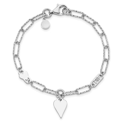 Sterling Silver Rhodium-plated Diamond-cut LOVE/Heart Dangle Bracelet-WBC-QG5784-7.5