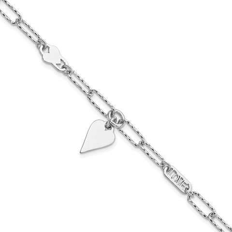 Sterling Silver Rhodium-plated Diamond-cut LOVE/Heart Dangle Bracelet-WBC-QG5784-7.5