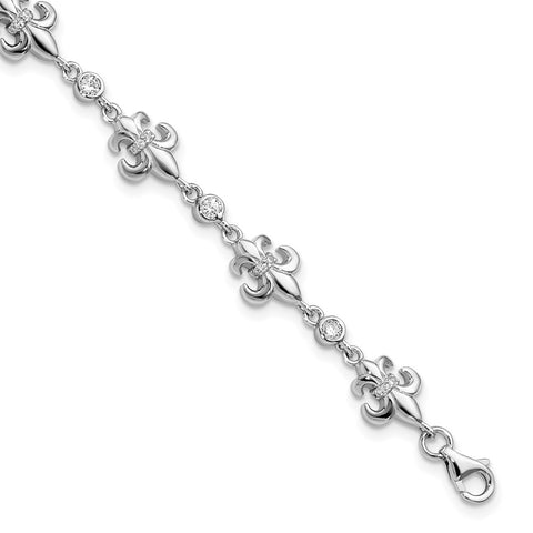 Sterling Silver Rhodium-plated CZ Fleur de Lis w/ 1in ext. Bracelet-WBC-QG5797-7