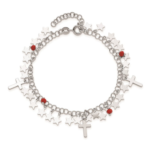 Sterling Silver Rhodium-plated Red Crystal Cross and Star w/ 1.25in ext. Br-WBC-QG5801-6.75
