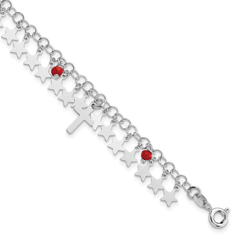 Sterling Silver Rhodium-plated Red Crystal Cross and Star w/ 1.25in ext. Br-WBC-QG5801-6.75