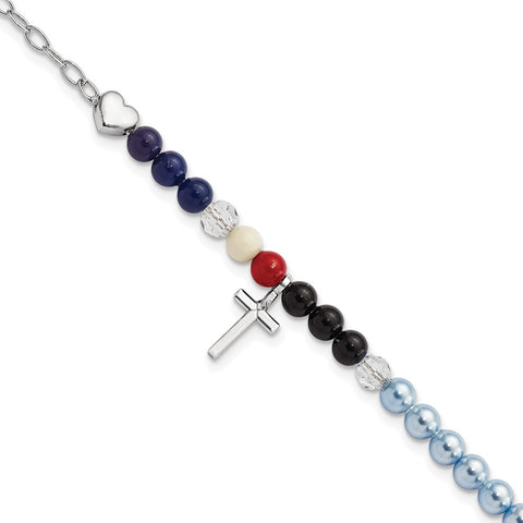 Sterling Silver Jesus' Story Multi Glass Pearl Onyx Agate Crystals Cross 6i-WBC-QG5803-6