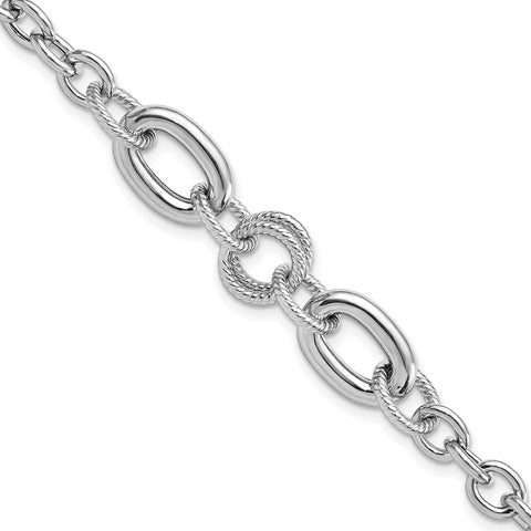 Sterling Silver Rhodium-pltd Fancy Textured Link Bracelet-WBC-QG5844-7.75