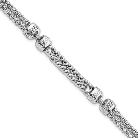 Sterling Silver Rhodium-plated Polished Fancy Beaded/Curb Bracelet-WBC-QG5853-7.5