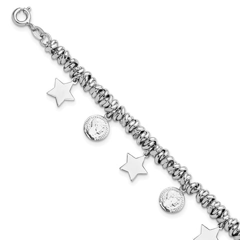 Sterling Silver Rhodium-plated Polished Coin and Star Charm w/ 1in ext. Bra-WBC-QG5889-6.5