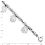 Sterling Silver Rhodium-plated Polished Coin Charm w/ 2in ext. Bracelet-WBC-QG5890-7.25