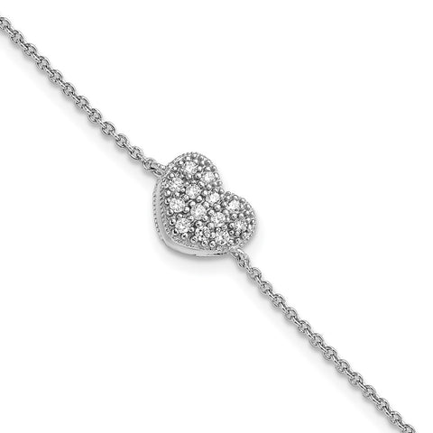 Sterling Silver Rhodium-plated CZ w/1in ext Heart Bracelet-WBC-QG5912-6.25