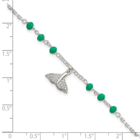 Sterling Silver CZ Whale Tail w/ Green Glass Beads Bracelet-WBC-QG5918-7.5
