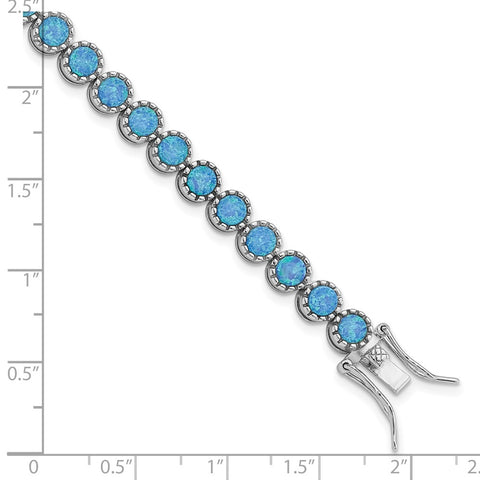 Sterling Silver Rhodium-plated Beaded Blue Created Opal Inlay Bracelet-WBC-QG5921-7