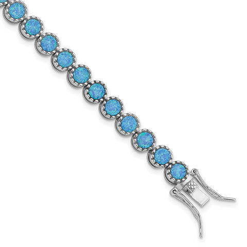 Sterling Silver Rhodium-plated Beaded Blue Created Opal Inlay Bracelet-WBC-QG5921-7