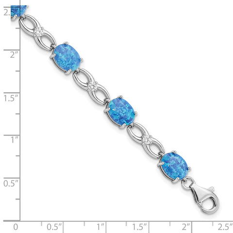 Sterling Silver Rhodium-plated Polished Blue Created Opal & CZ Bracelet-WBC-QG5922-7.25