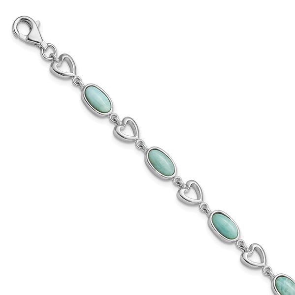 Sterling Silver Rhodium-plated Polished Oval Larimar & Heart Bracelet-WBC-QG5924-8