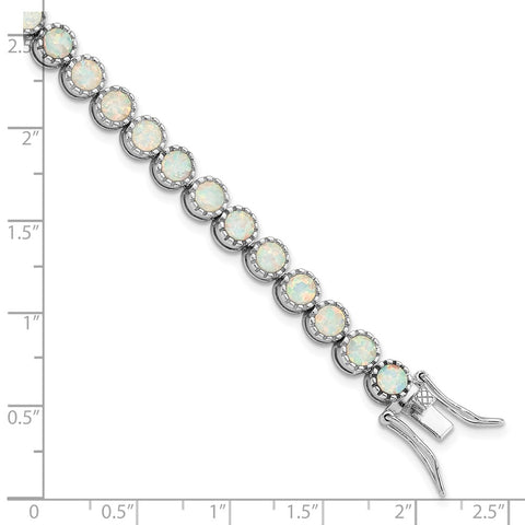 Sterling Silver Rhodium-plated Beaded White Created Opal Inlay Bracelet-WBC-QG5925-7