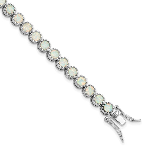Sterling Silver Rhodium-plated Beaded White Created Opal Inlay Bracelet-WBC-QG5925-7