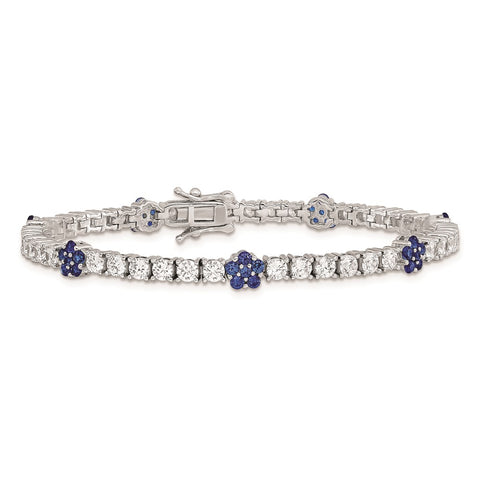 Sterling Silver Rhodium-plated Cr Blue Spinel & CZ Flower 7in Bracelet-WBC-QG5927-7