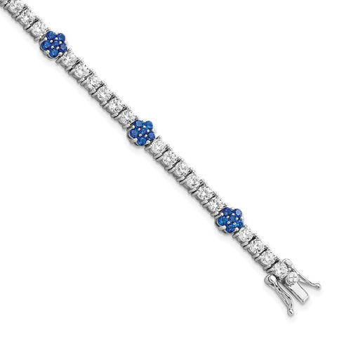 Sterling Silver Rhodium-plated Cr Blue Spinel & CZ Flower 7in Bracelet-WBC-QG5927-7