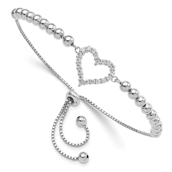 Sterling Silver Rhodium-plated Beaded CZ Heart Adjustable Bracelet-WBC-QG5942