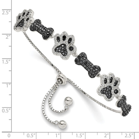 Sterling Silver Polished CZ Paw Print & Dog Bone Adj Bracelet-WBC-QG5955