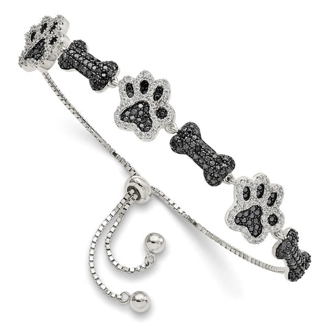 Sterling Silver Polished CZ Paw Print & Dog Bone Adj Bracelet-WBC-QG5955