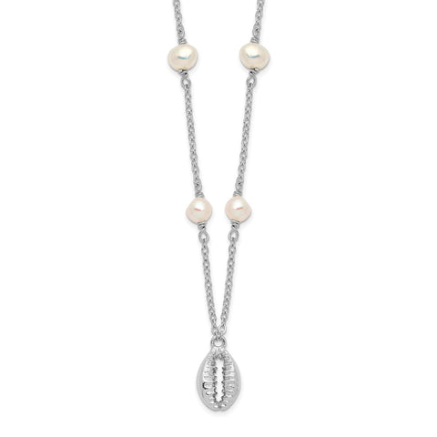 Sterling Silver Rhodium-plated Cowrie Shell & FW Cultured Pearl Necklace-WBC-QG6013-18