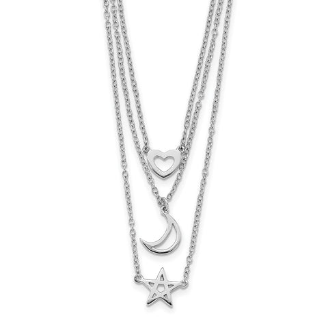 Sterling Silver Rhodium-plated Heart, Moon, Star w/2 in ext. Necklace-WBC-QG6029-16