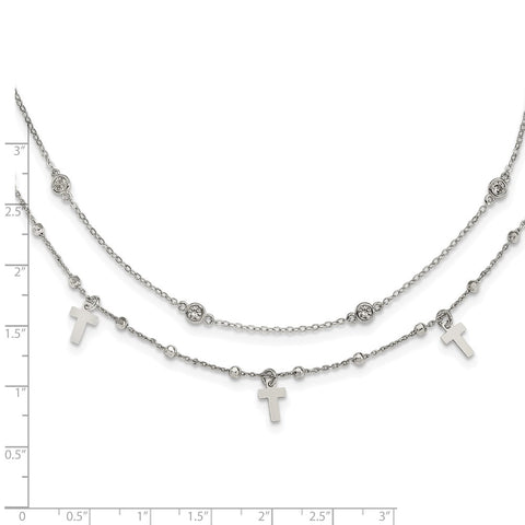 Sterling Silver Rhodium-plated Polished Cross and CZ w/ 2in ext. Necklace-WBC-QG6051-16