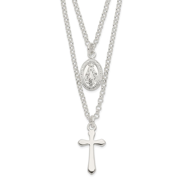 Sterling Silver Polished Medallion & Cross Necklace-WBC-QG6056-17