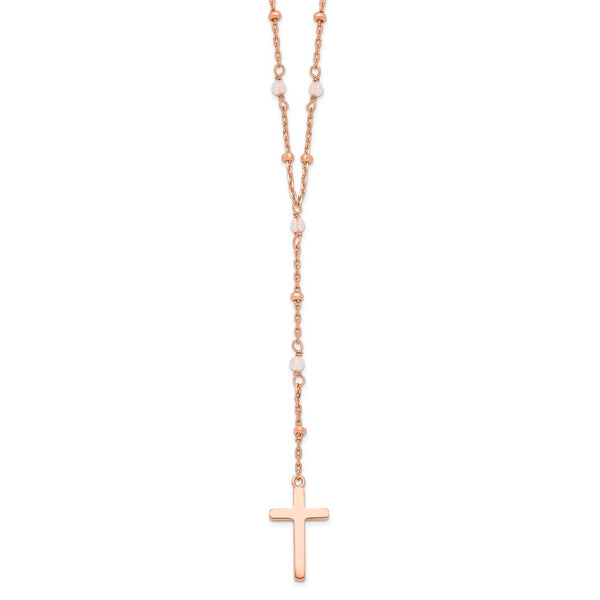 Sterling Silver Rose-tone Rose Quartz Beaded Cross w/2 in ext. Necklace-WBC-QG6060-16