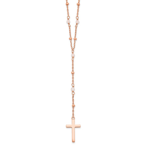 Sterling Silver Rose-tone Rose Quartz Beaded Cross w/2 in ext. Necklace-WBC-QG6060-16