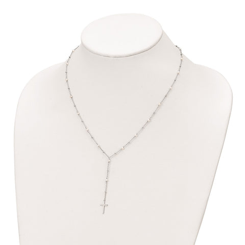 Sterling Silver Rhodium-plated Beaded FWC Pearl Cross w/2 in ext. Necklace-WBC-QG6061-16