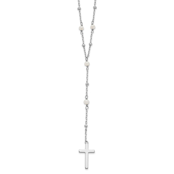 Sterling Silver Rhodium-plated Beaded FWC Pearl Cross w/2 in ext. Necklace-WBC-QG6061-16