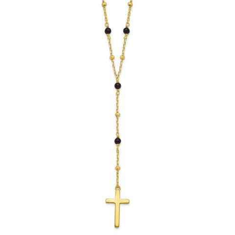 Sterling Silver Gold-tone Beaded Onyx Cross w/2 in ext. Necklace-WBC-QG6062-16