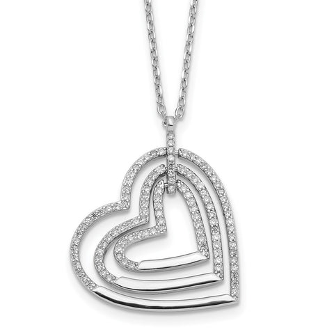 Sterling Silver Rhodium-plated Triple Open CZ Heart w/2 in ext. Necklace-WBC-QG6086-16