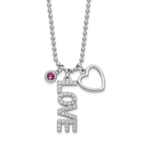 Sterling Silver Rhodium-plated CZ and Heart D/C Bead Chain Necklace-WBC-QG6094-18