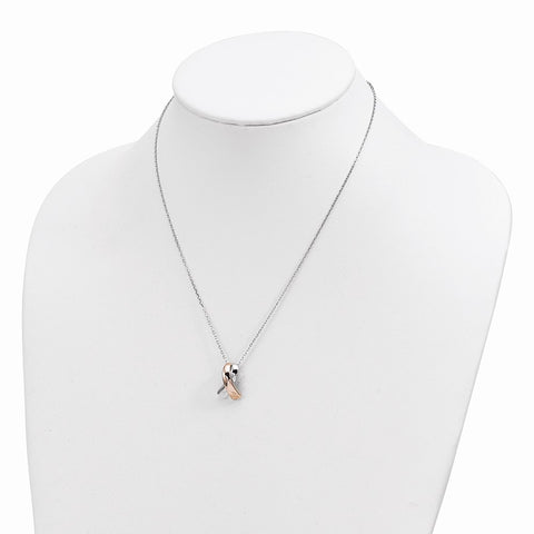 Sterling Silver Rose-tone Polished Awareness Ribbon w/2in ext. Necklace-WBC-QG6106-16