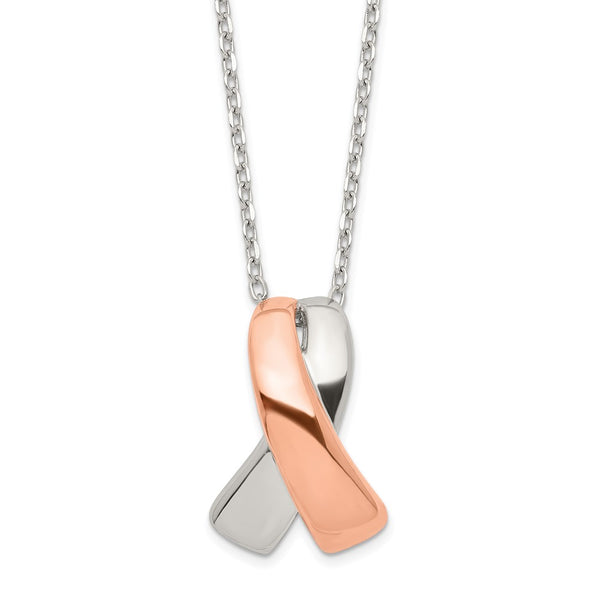 Sterling Silver Rose-tone Polished Awareness Ribbon w/2in ext. Necklace-WBC-QG6106-16