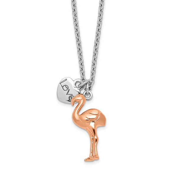 Sterling Silver RH-plate Rose Gold-plated Flamingo Heart w/1in ext Necklace-WBC-QG6204-16.5