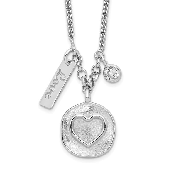 Sterling Silver Rhodium-plated Satin Heart/Love/CZ w/1.5in Ext Necklace-WBC-QG6205-16