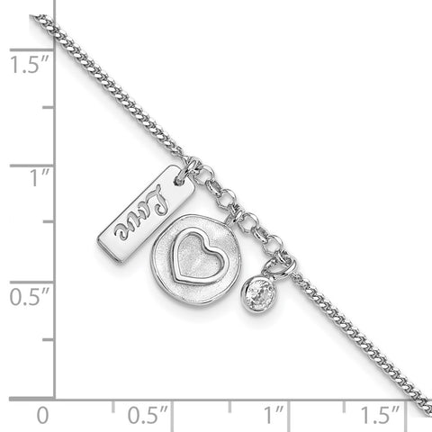 Sterling Silver Rhodium-plated Satin Heart/Love/CZ w/.5in Ext Bracelet-WBC-QG6205-7