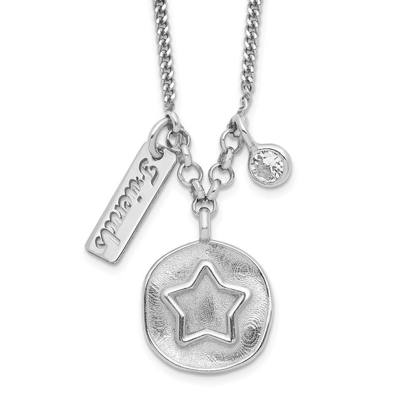 Sterling Silver Rhodium-plated Satin Star/Friends/CZ w/1.5in Ext Necklace-WBC-QG6206-16