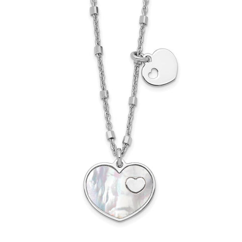 Sterling Silver Rhodium-plated Mother of Pearl Heart w/1 in Ext Necklace-WBC-QG6208-15.5