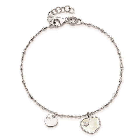 Sterling Silver Rhodium-plated Mother of Pearl Heart w/.5 in Ext Bracelet-WBC-QG6208-6.5