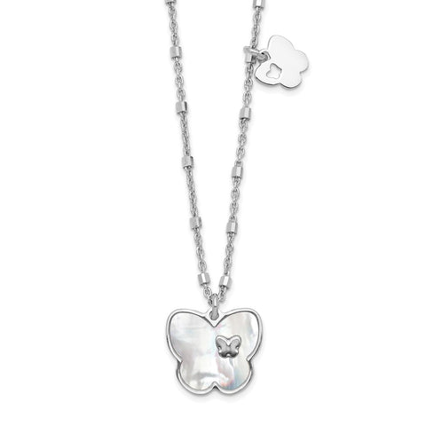 Sterling Silver Rhodium-plate Mother of Pearl Butterfly w/1in Ext Necklace-WBC-QG6209-15.5