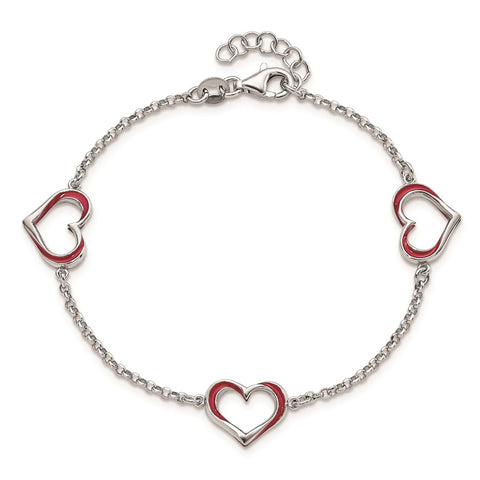 Sterling Silver Rhodium-plated Red Enamel 3-Heart w/.5 in Ext Bracelet-WBC-QG6213-6.5