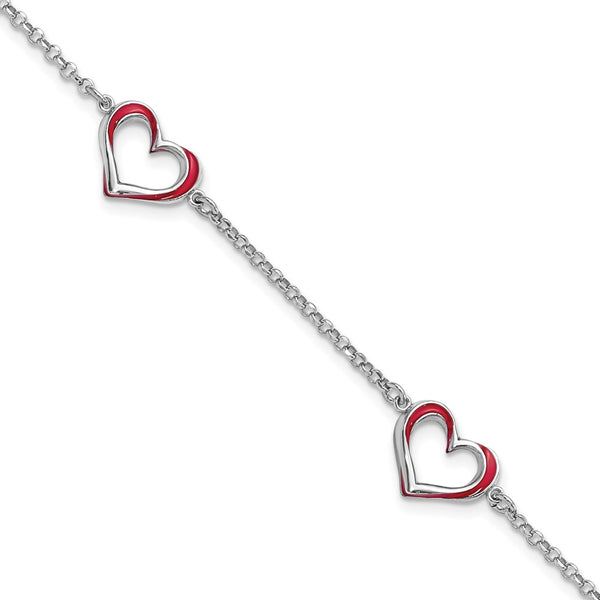 Sterling Silver Rhodium-plated Red Enamel 3-Heart w/.5 in Ext Bracelet-WBC-QG6213-6.5